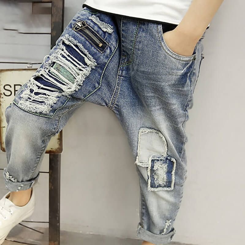 Boys Fashion Hole Zipper Design Denim Pants