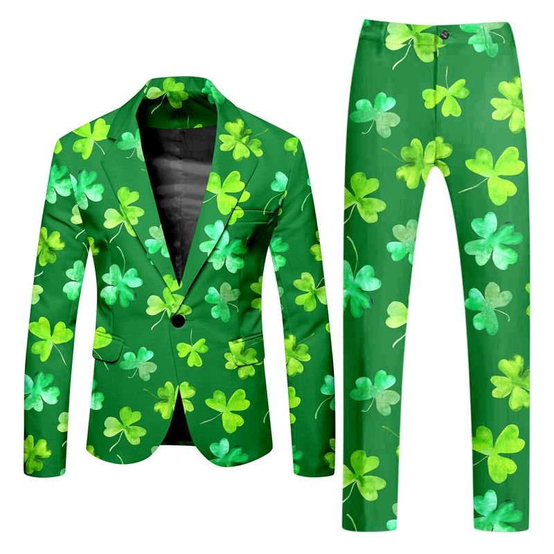 Men Fashion Casual St. Patrick Day Party Letters Clover 3D Print Long Sleeve Lapel Suit Trousers Set