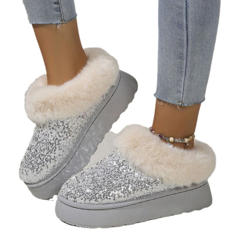 Autumn Winter Women Fashion Plus Size Plush Warm Sequins Thick-Soled Snow Boots