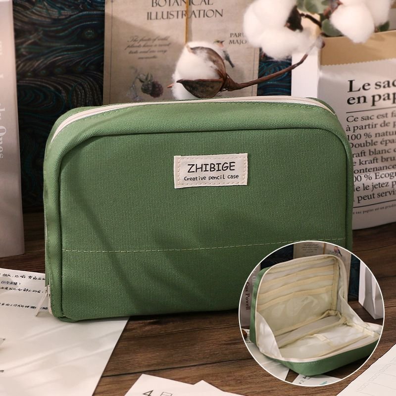 Simple Solid Color Large Capacity Student Stationery Canvas Pencil Bag