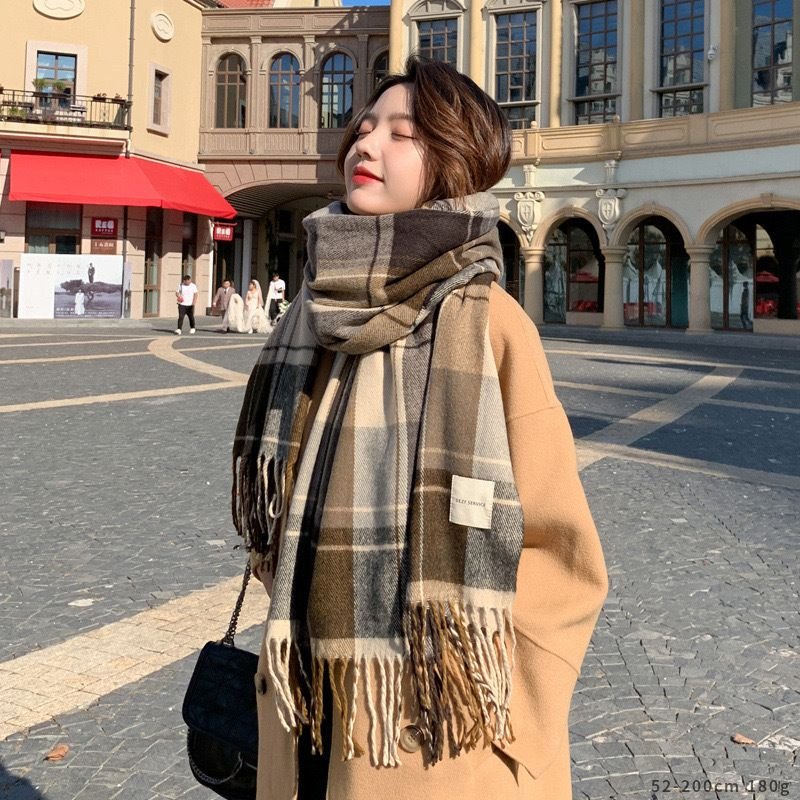 Autumn Winter Women Fashion Plaid Tassel Imitation Cashmere Warm Scarf