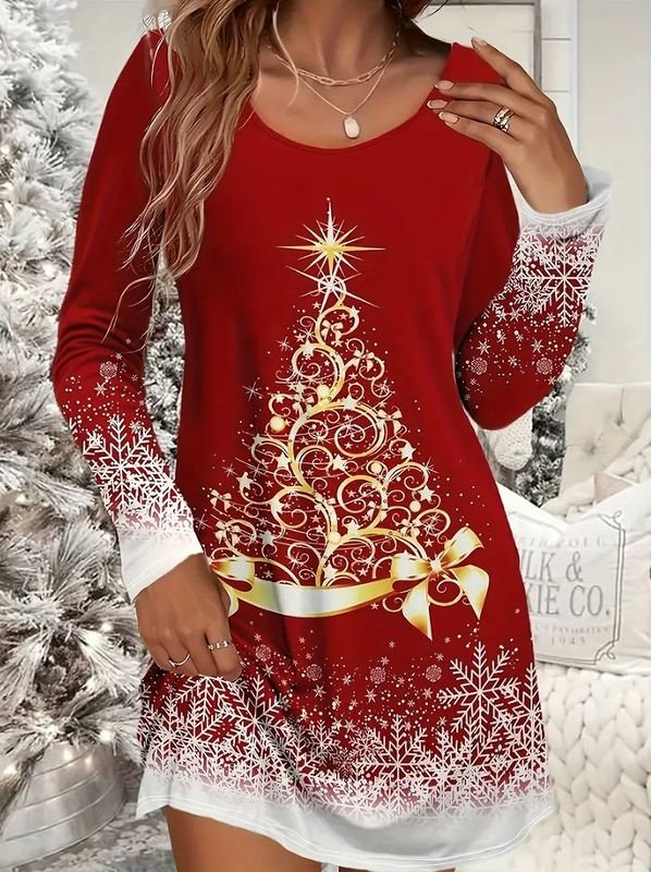 Women Fashion Christmas Tree Snowflake Print Round Neck Long Sleeve Dress