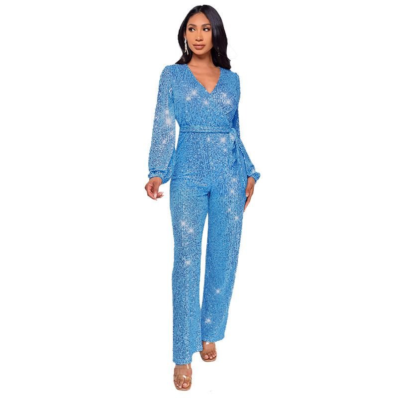 Women Fashion Casual Deep V Sequin Lace-Up Long Sleeve Jumpsuit