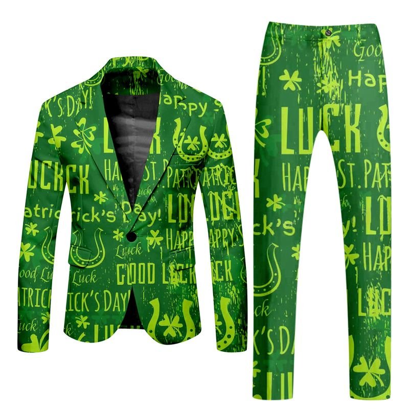 Men Fashion Casual St. Patrick Day Party Letters Clover 3D Print Long Sleeve Lapel Suit Trousers Set