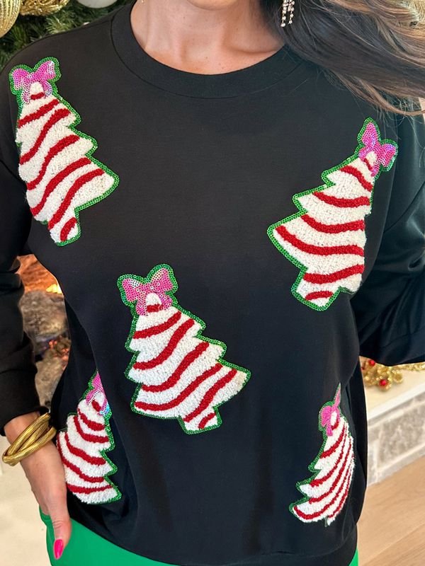 Women Fashion Christmas Tree Sequin Crewneck Long Sleeve Sweatshirt