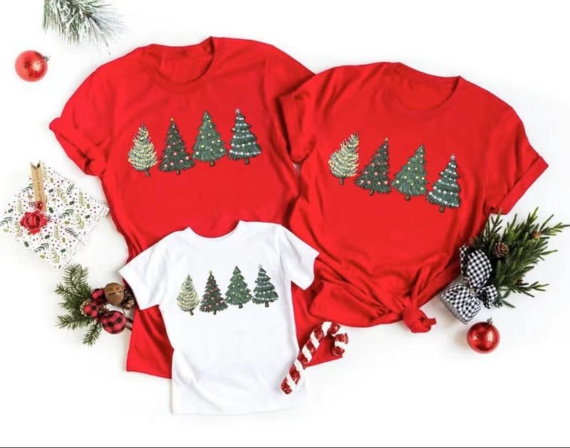 Cartoon Christmas Tree Print Round Neck Short Sleeve T-Shirt