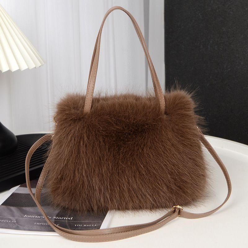 Autumn Winter Women Fashionable Solid Color Plush Square Handle Shoulder Bag