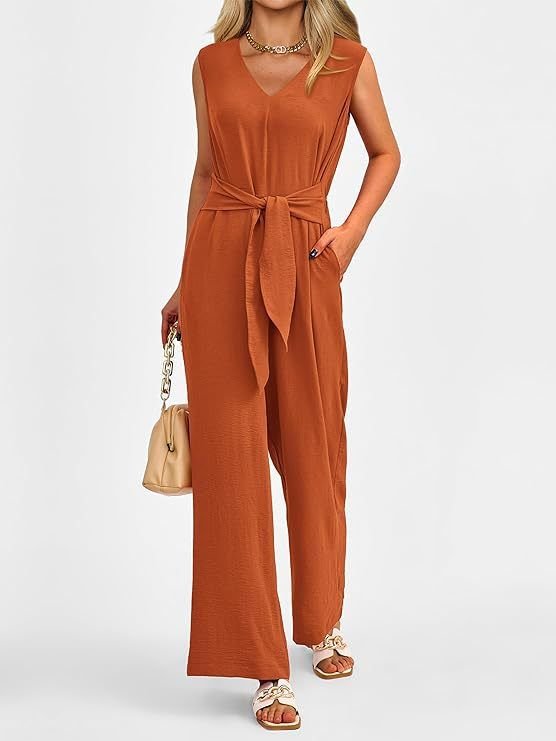 Summer Women Casual Solid Color V-Neck Sleeveless Lace-Up Wide Leg Jumpsuits