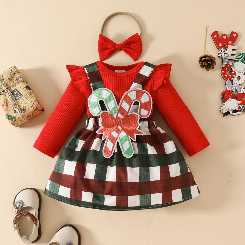 Kids Baby Girls Cute Party Christmas Long Sleeve Romper Plaid Strap Dress Sets