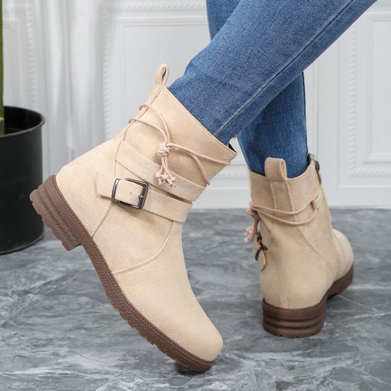 Autumn Winter Women Fashion Plus Size Side Zipper Belt Buckle Round Toe Short Boots