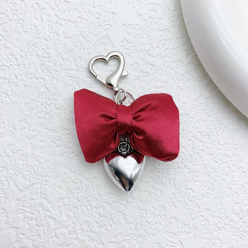 Women Fashion Simple Champagne Powder Three-Dimensional Bow Silver Metal Heart-Shaped Keychain