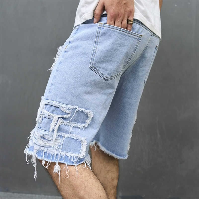 Men Fashion Casual Personality Solid Color Ripped Denim Shorts