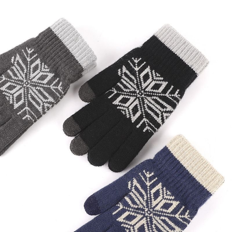 Autumn Winter Men Fashion Warm Fleece-Lined Thick Knitted Snowflake Gloves