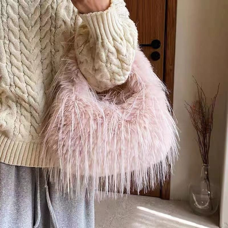 Autumn Winter Women Fashion Tassel Plush Chain Handle Shoulder Bag