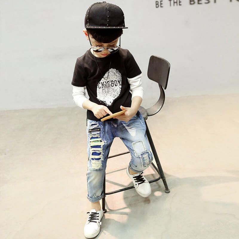 Boys Fashion Hole Zipper Design Denim Pants