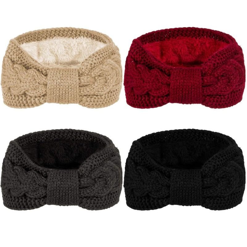 Autumn Winter Women Fashion Fleece-Lined Bow Warm Ear Protection Knitted Hair Band