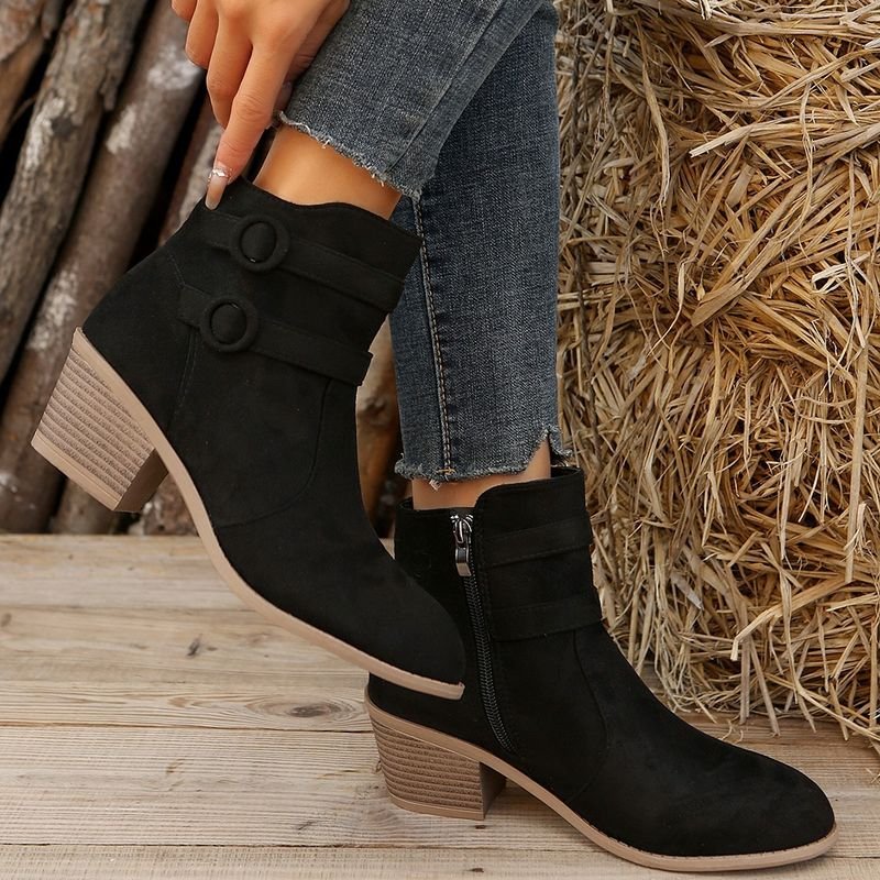 Autumn Winter Women Vintage Plus Size Belt Buckle Side Zipper Chunky Heel Short Boots