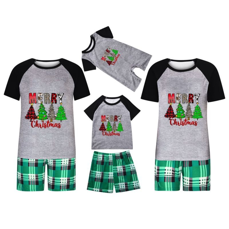 Simple Cartoon Christmas Tree Print Round Neck Short-Sleeved Top Shorts Home Parent-Child Pajamas Set