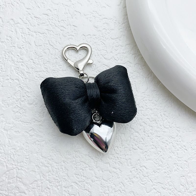 Women Fashion Simple Champagne Powder Three-Dimensional Bow Silver Metal Heart-Shaped Keychain