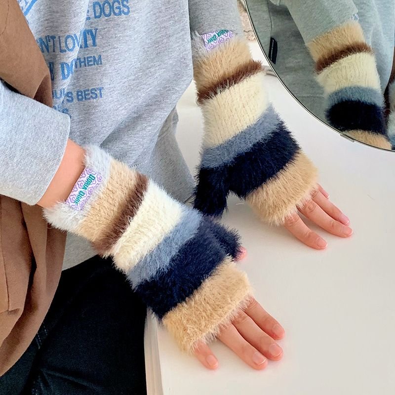 Autumn Winter Women Fashion Rainbow Warm Knitted Half Finger Gloves