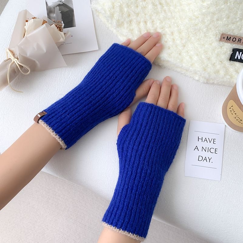 Autumn Winter Women Simple Solid Color Thickened Warm Half Finger Gloves