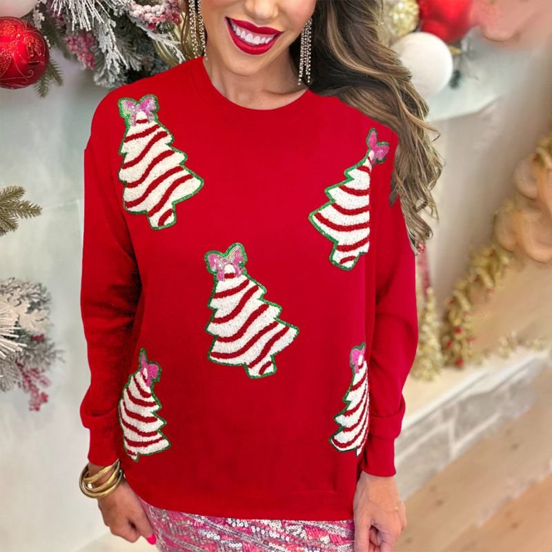 Women Fashion Christmas Tree Decorative Sequin Round Neck Long Sleeve Sweatshirt