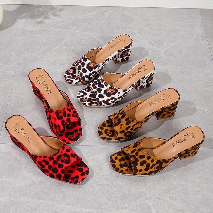 Women Fashion Plus Size Leopard Print Open Toe Suede High Heel Slippers