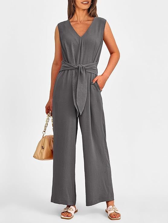 Summer Women Casual Solid Color V-Neck Sleeveless Lace-Up Wide Leg Jumpsuits