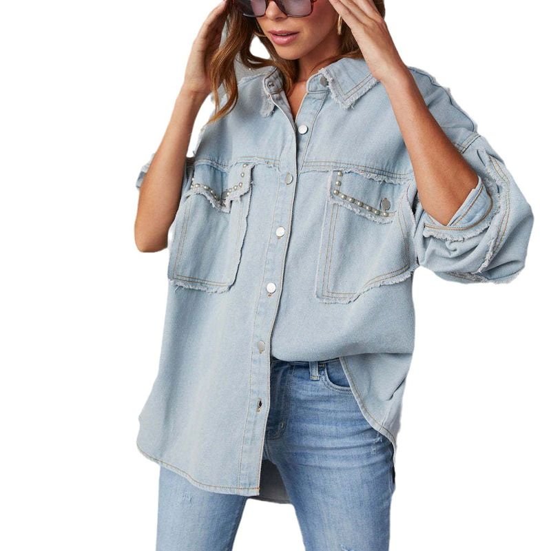 Women Fashion Rivet Lapel Long Sleeve Denim Coat Top