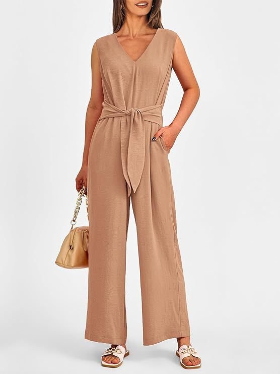 Summer Women Casual Solid Color V-Neck Sleeveless Lace-Up Wide Leg Jumpsuits