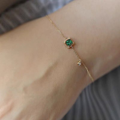 Women Fashion Simple Sterling Silver Emerald Zircon Bracelet