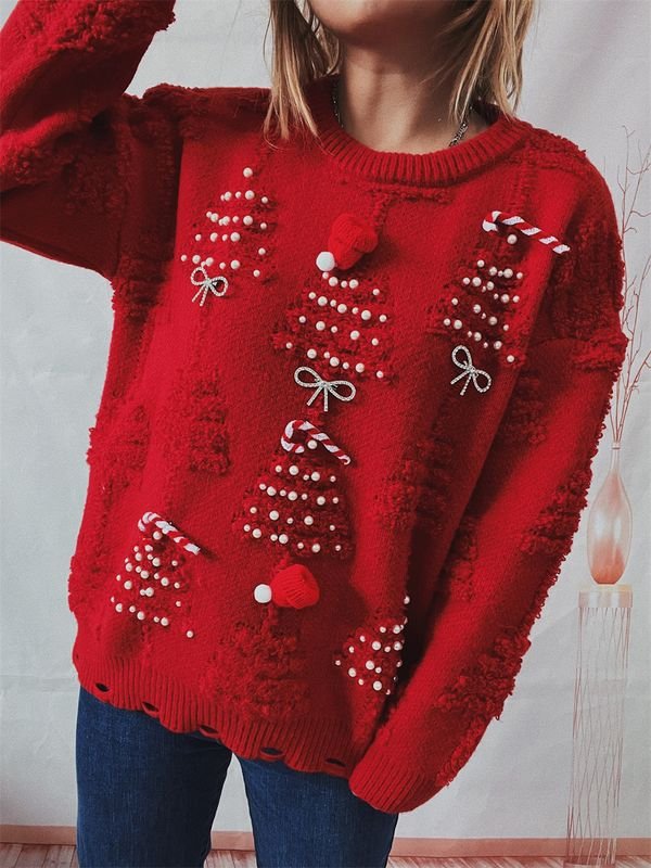 Autumn Winter Women Fashion Pearl Christmas Tree Decoration Round Neck Long Sleeve Knitted Sweater