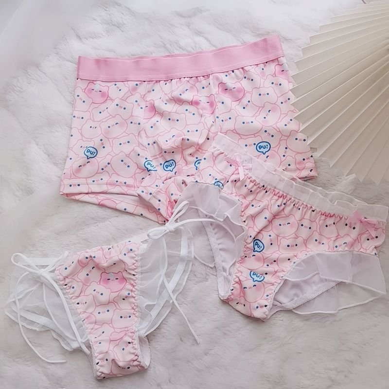 Cartoon Cute Bear Lace Semi-Transparent Couple Underwear