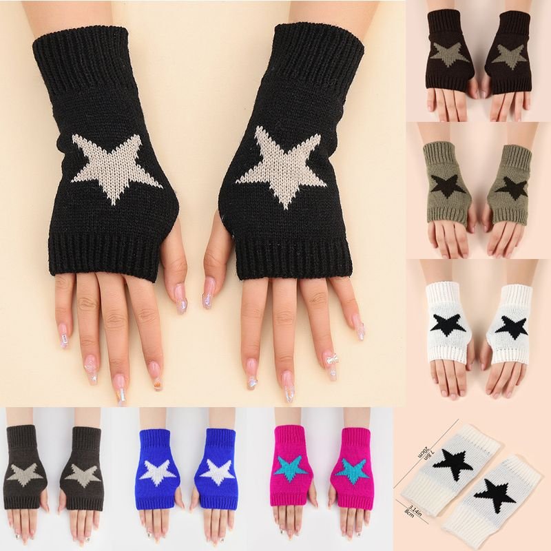 Autumn Winter Women Fashion Star Double-Layer Knitted Wool Half-Finger Gloves