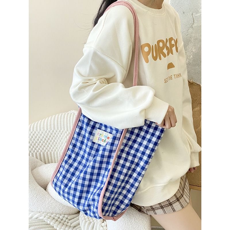 Women Simple Plaid Colorblock Large Capacity Shopping Tote Bag