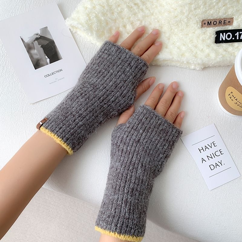 Autumn Winter Women Simple Solid Color Thickened Warm Half Finger Gloves