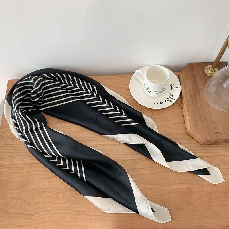 Women Simple Stripe Bow Dot Print Chiffon Square Silk Scarf