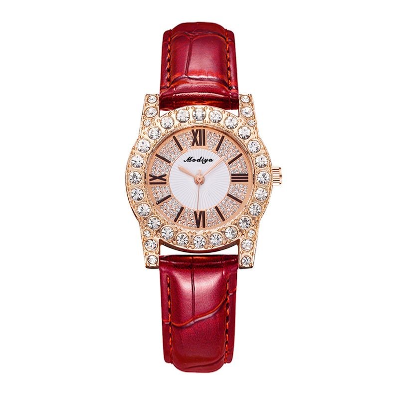 Women Fashion Round Dial Rhinestone Roman Scale Quartz Watch