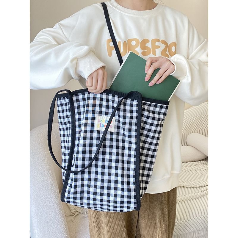 Women Simple Plaid Colorblock Large Capacity Shopping Tote Bag