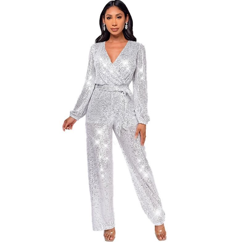 Women Fashion Casual Deep V Sequin Lace-Up Long Sleeve Jumpsuit