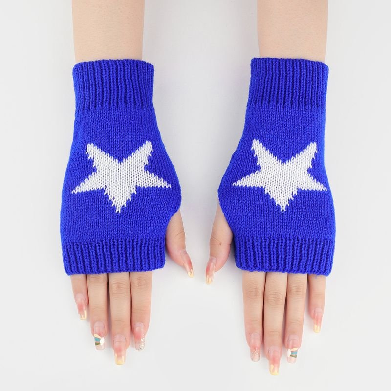 Autumn Winter Women Fashion Star Double-Layer Knitted Wool Half-Finger Gloves