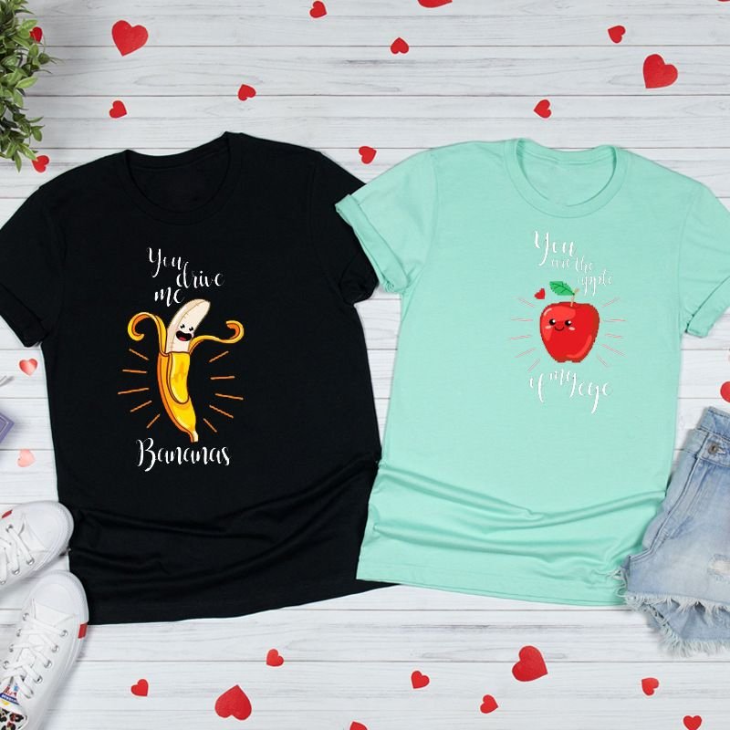 Valentine Day Cartoon Cute Funny Banana Apple Fruit Print Round Neck Short Sleeve Couple T-Shirt