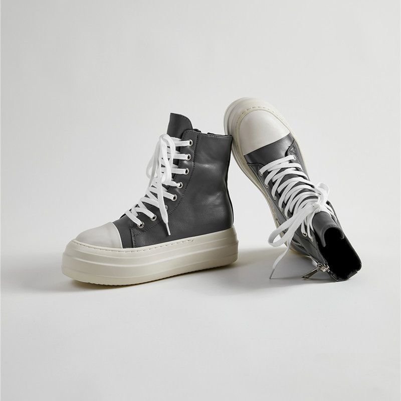 Women Fashion Thick-soled Solid Color Leather High Top Sneakers