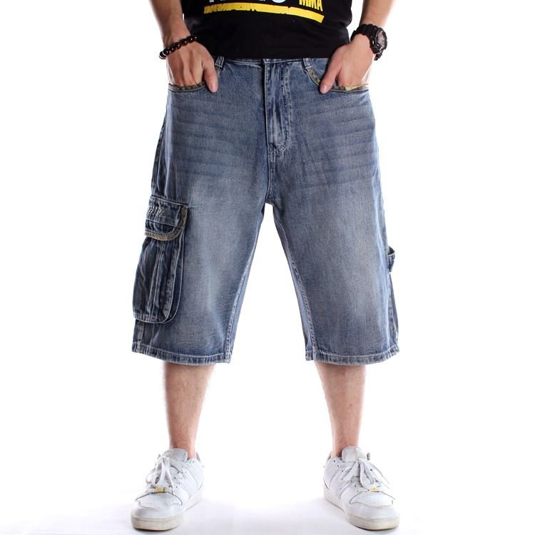 Men Fashion Casual Hip-Hop Plus Size Loose Cropped Jeans