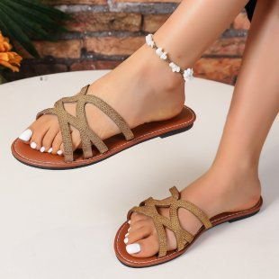 Summer Women Fashion Plus Size Hollow Rhinestone Round Toe Flat Slippers