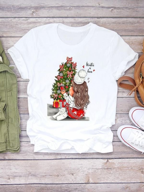 Happy Christmas Simple Loose Cute Women Short-Sleeved T-Shirt