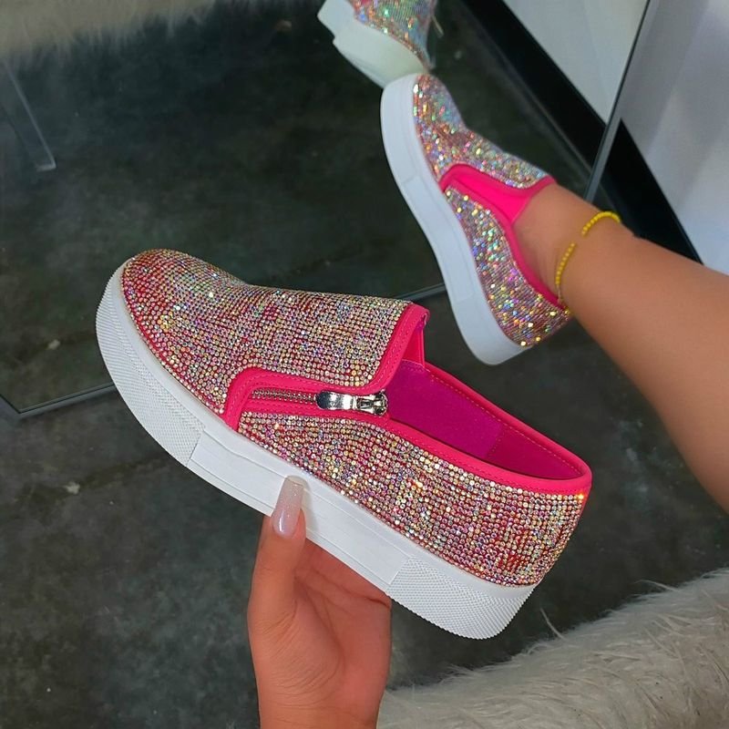 Plus Size Fashion Rhinestone Zipper Platform Loafers