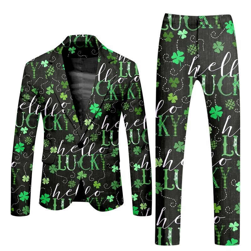 Men Fashion Casual St. Patrick Day Party Letters Clover 3D Print Long Sleeve Lapel Suit Trousers Set