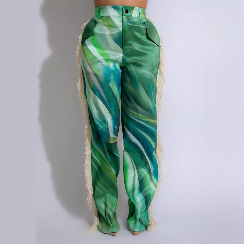 Women'S Fashion Printed Side Fringe Straight Leg Pants