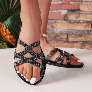 Summer Women Fashion Plus Size Hollow Rhinestone Round Toe Flat Slippers